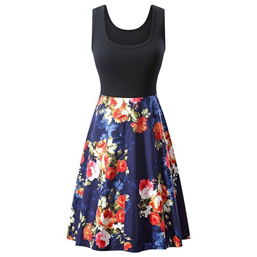 Robe d'été sans manches en coton à imprimé floral rétro pour femme, col rond, style vintage