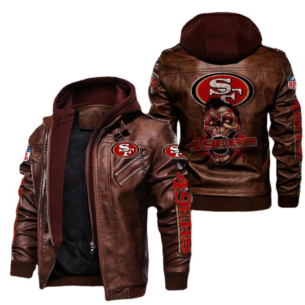 Euro size team leather jacket fake two-piece hat man removable PU locomotive print leather jacket