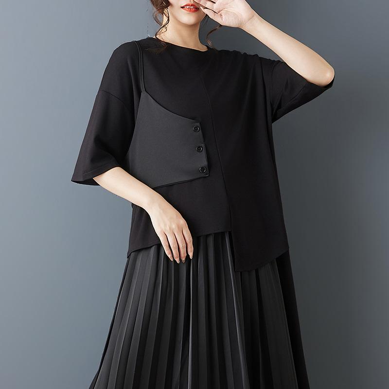 2026 Retro Black Short Sleeve Irregular Two-Piece Design Women s T-Shirt Large чёрный
