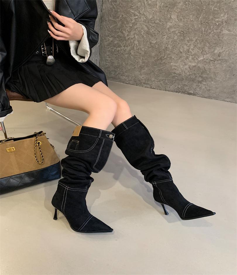 Höga klackar Spice Girls Stil Spetsiga Cowboy Stövlar Damskor 2025 Höst och Vinter Nya Pile Stövlar Tunn Klack Retro Franska Enkla Stövlar