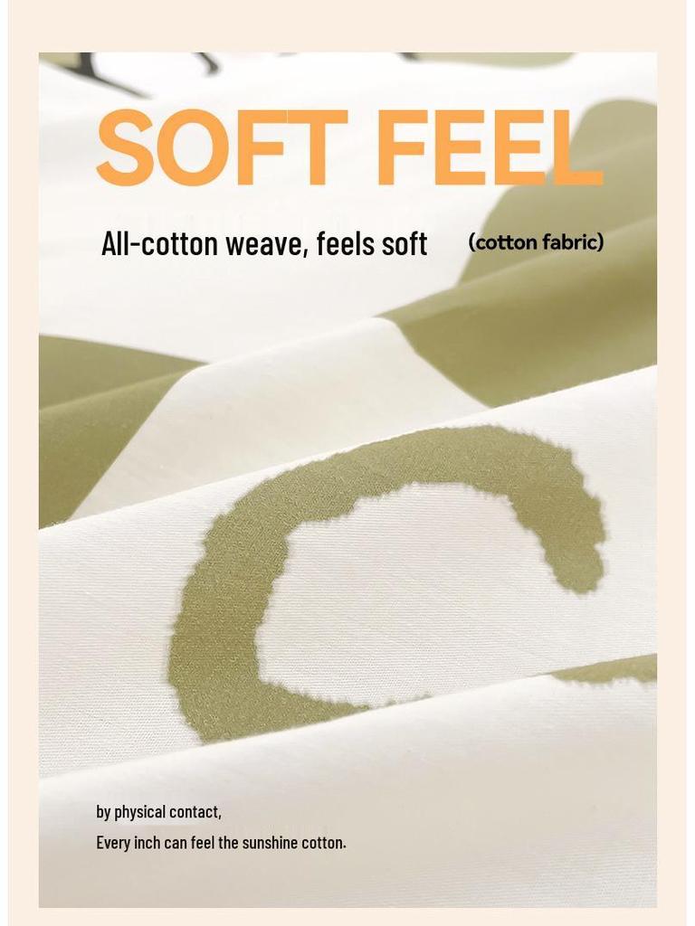 Pure Cotton Cartoon Print Fitted Sheet & Solid Color Mattress Protector Three-Piece Set