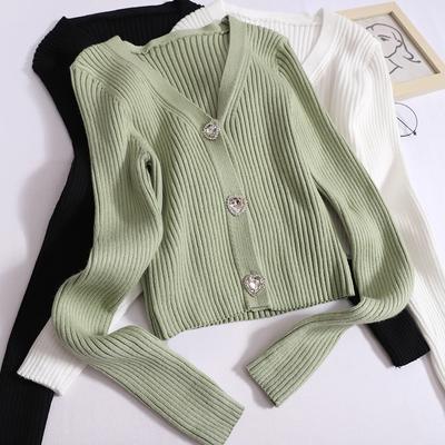Women Diamond Button V-neck Sweater Cardigan Fall Slim Office Short Knit Shirt Solid Long Sleeved Jacket Female Casual Coat