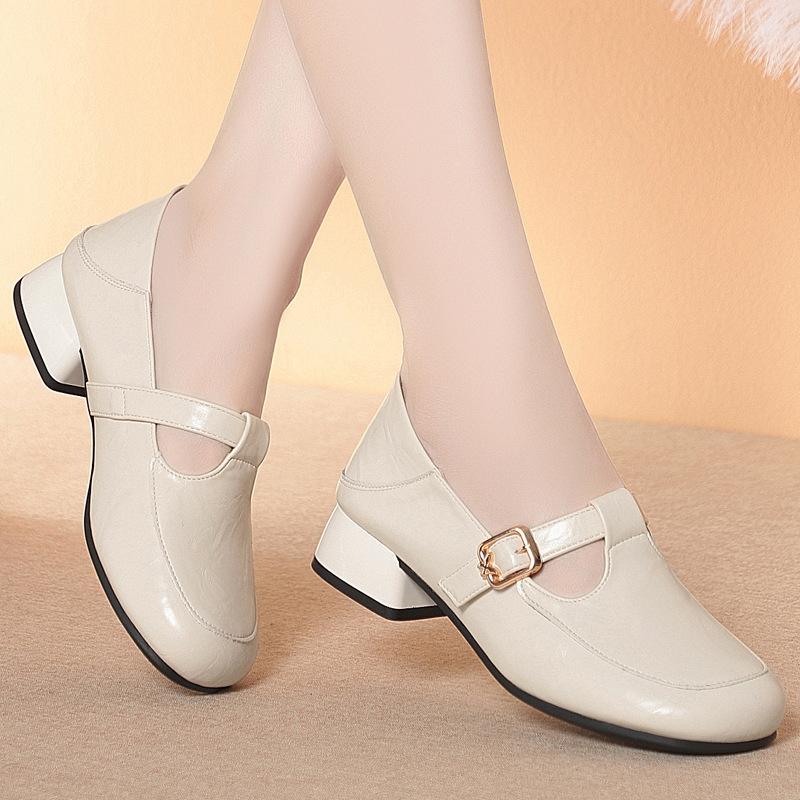 3cm All Match T Buckle Shallow Soft Leather Shoes Mary Janes Fall 2025 Women's Square Heels Shoes for Office Mom Work Daily