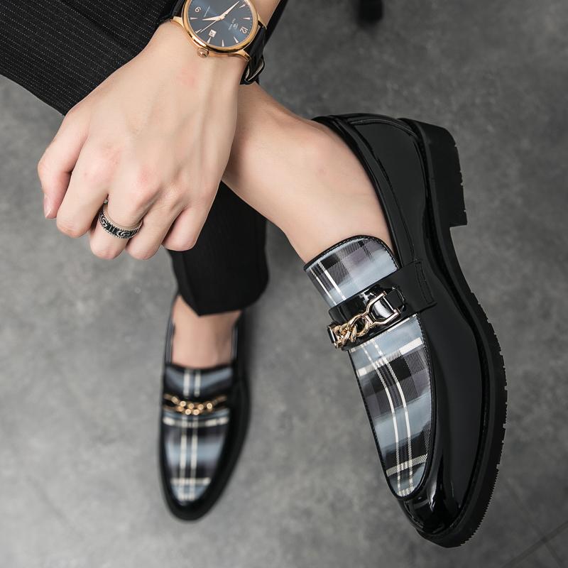 Spring Italian Luxury Leather Shoes for Men Chain Loafers Casual Men Shoes Slip-on British Style Striped Thick Bottom Moccasins