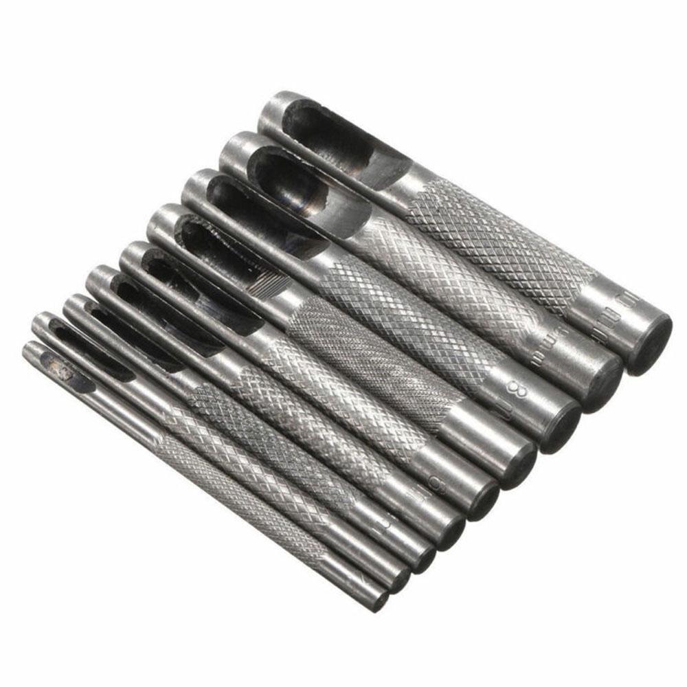 Hollow Punch Tool Kit 9 Piece Set for Leather Gasket and Sheet Metal Carbon Steel Punches with Easy Grip Knurled Handles