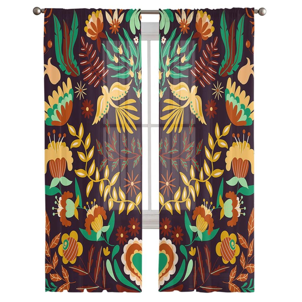 Mexico Bird Sunflower Bedroom Transparent Sheer Curtains Holiday Decoration Window Voile Tulle Curtain