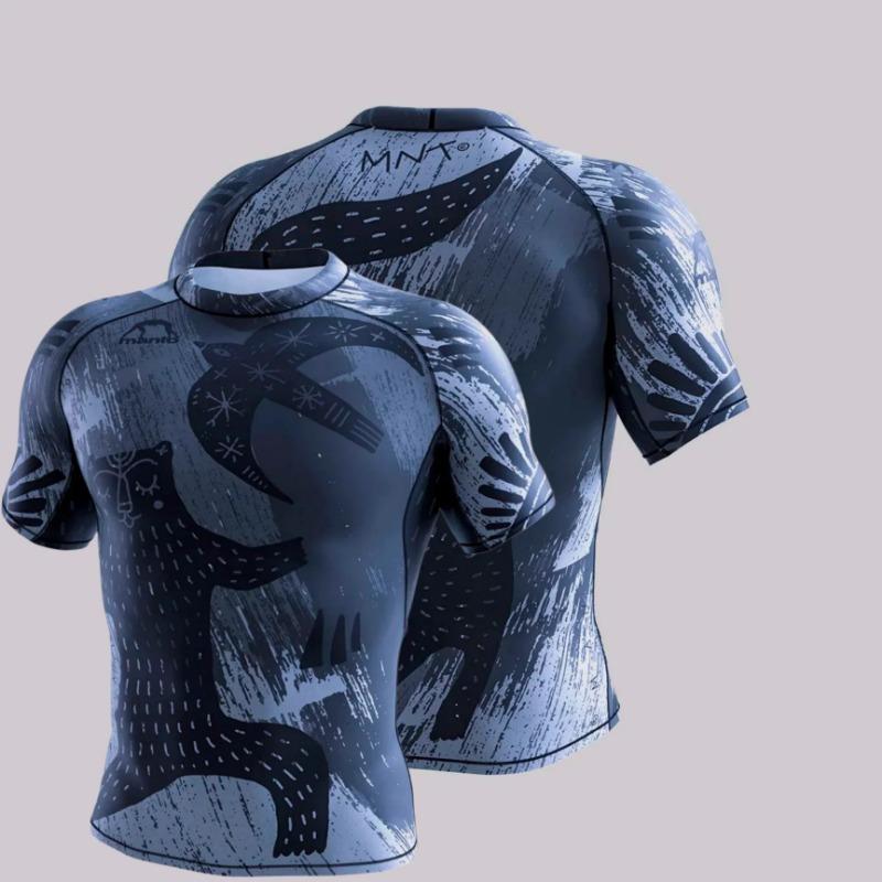 MANTO "Buddha Statue" Blue Gold Print Short Sleeve Rash Guard Black BJJ Compression Training Shirt for Men