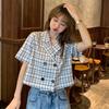 Elevated Waist Plaid Suit Collar Short Sleeve Shirt Small Jacket Summer Korean Style Short Slim Top for Ladies Breathable Fabric Practical Daily Use