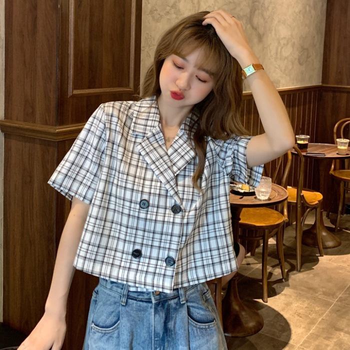 

High Waisted Plaid Suit Collar Short Sleeve Blouse Small Jacket Summer Korean Style Short Slim Top for Women 2XL білий