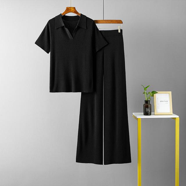 Suits Women Knitted Polo Collar Pullover Short Sleeved Tops +slim Solid Color Wide Leg Pants Suit Fashion Womens Two Peice Sets