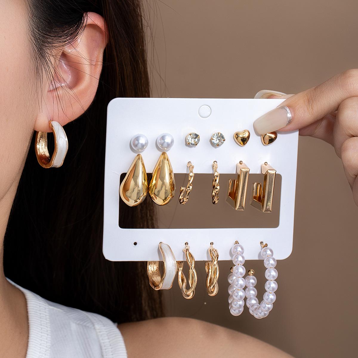 Diamond Water Drop Love Pearl Earrings Women S Fashion Temperament Earrings Simple Design Sense Niche Earrings Set