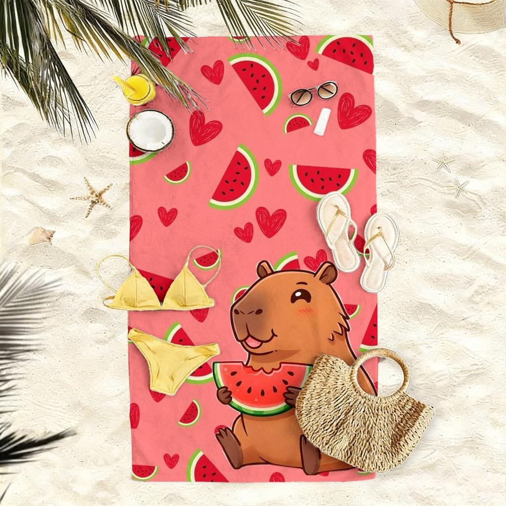 Capybara Watermelon Heart Oversized Beach Towel, Soft Microfiber Quick-Dry for Beach Pool Picnic Summer Gift