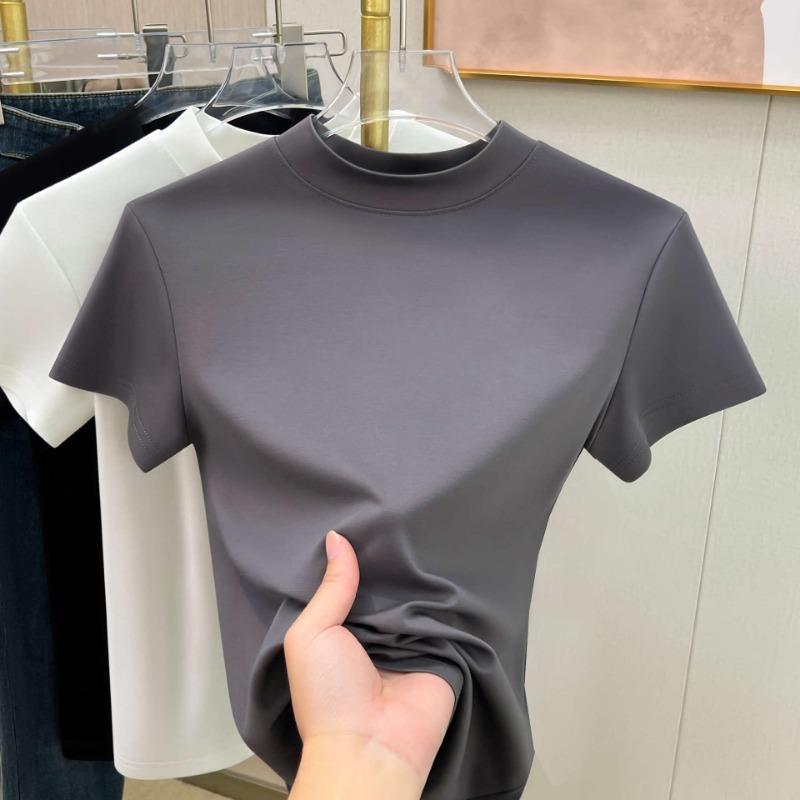 Fashion Round Neck Short Sleeve Casual T-shirt for Women Summer Slim Fit Base White T Shirt Women Plus Size Solid Office Lady Simple Tee Tops 24488