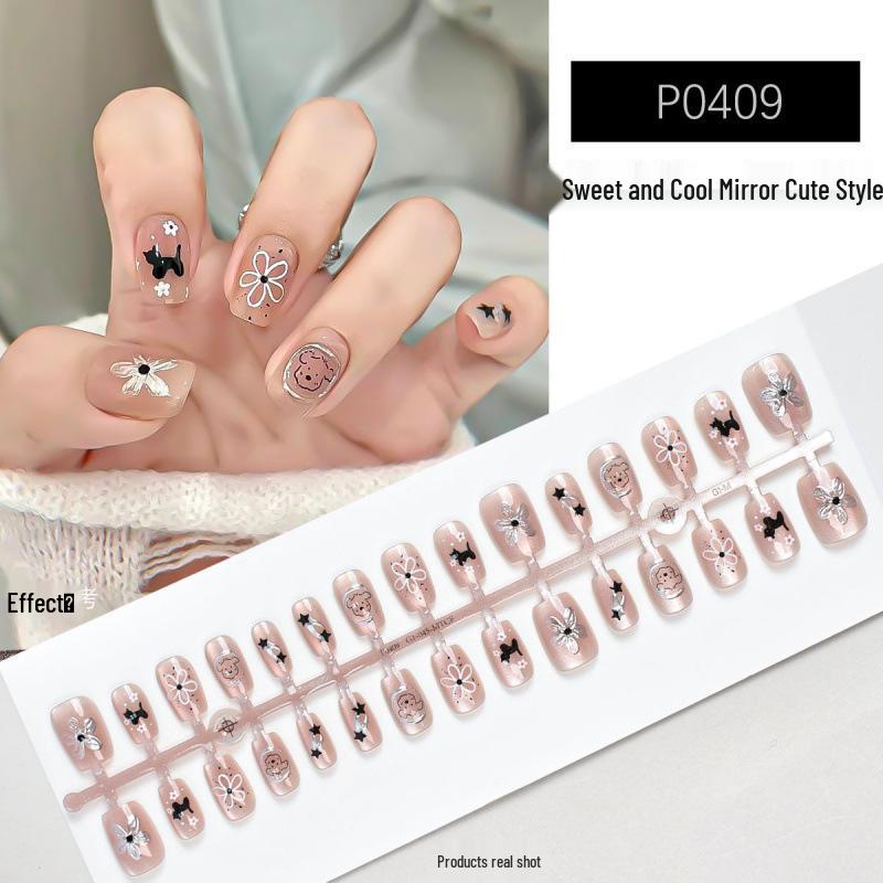 30-Piece Cute Cat Eye Mirror Nail Tips with Bow & Rabbit Cartoon Design - Versatile & Wearable Daily