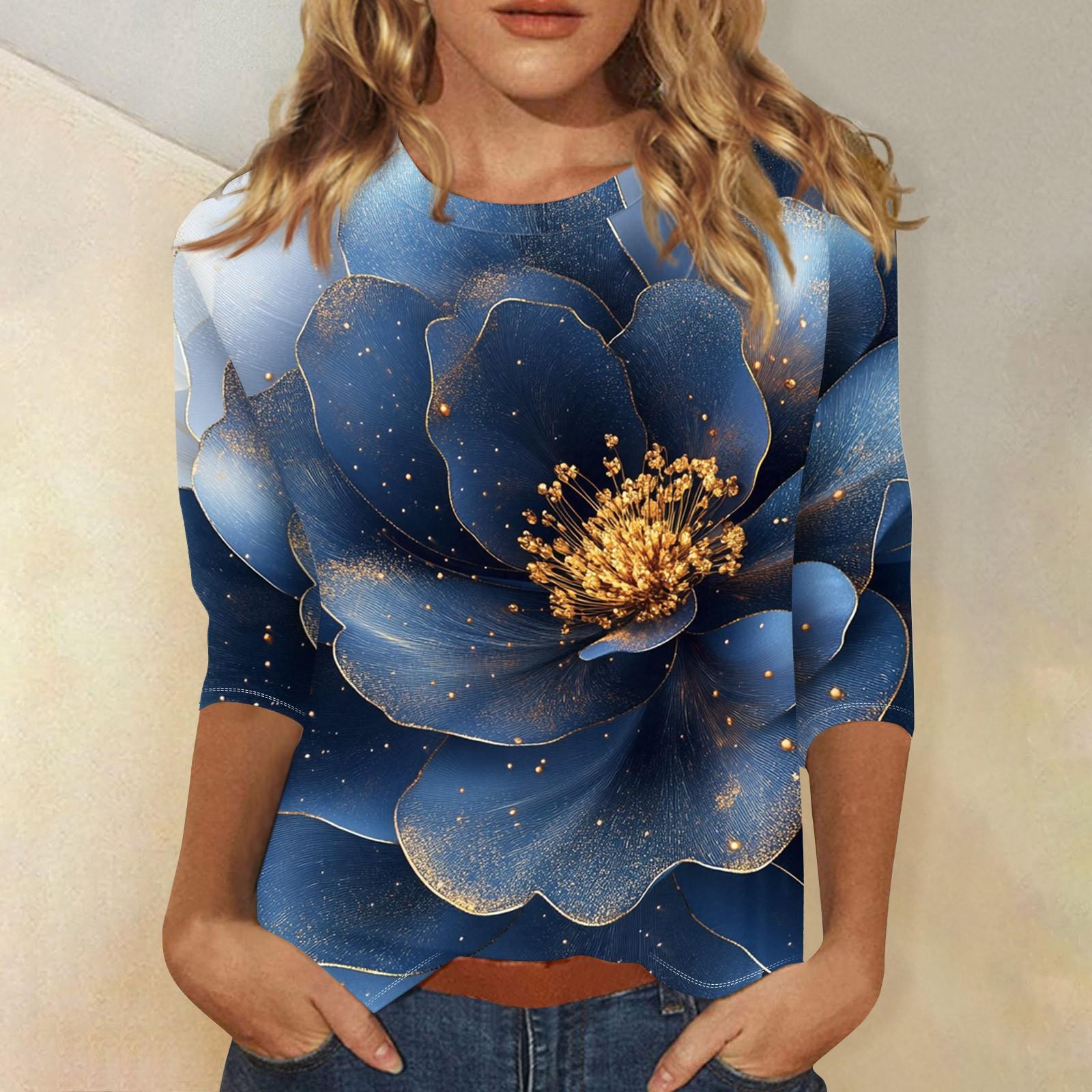 

Женская мода повседневная три четверти рукав цветочный принт круглый вырез пуловер топ XL