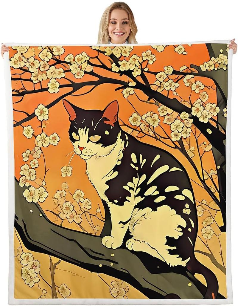 GUOYU Blanket Cat Anime Fleece Throw Blanket Queen Japanese Retro Funny Cat Sherpa Blanket Boys Girls Japanese Style Plush Blanket Japanese