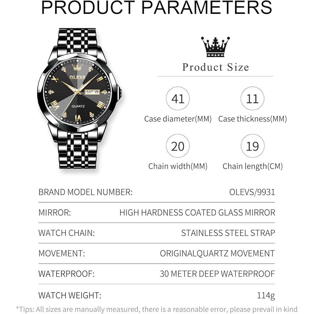 OLEVS Men's Diamond Quartz Analog Watch Black Waterproof Business Date Luminous