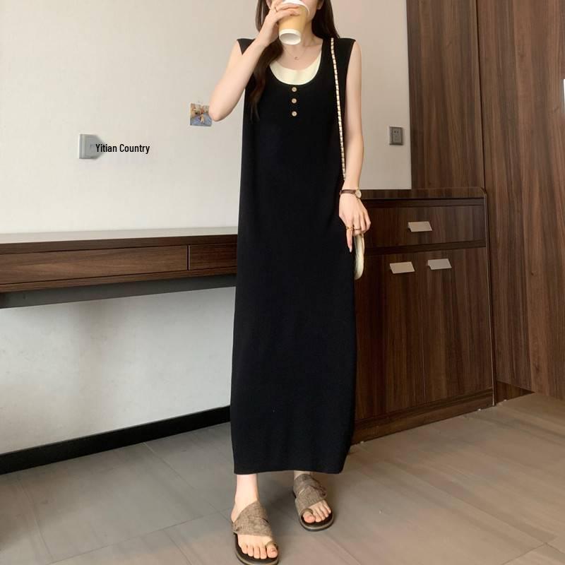 Ärmelloses Colorblock-Zweiteiler-Design Sommerkleid in Übergröße für Damen: Lockeres & Schlankmachendes Langes Kleid