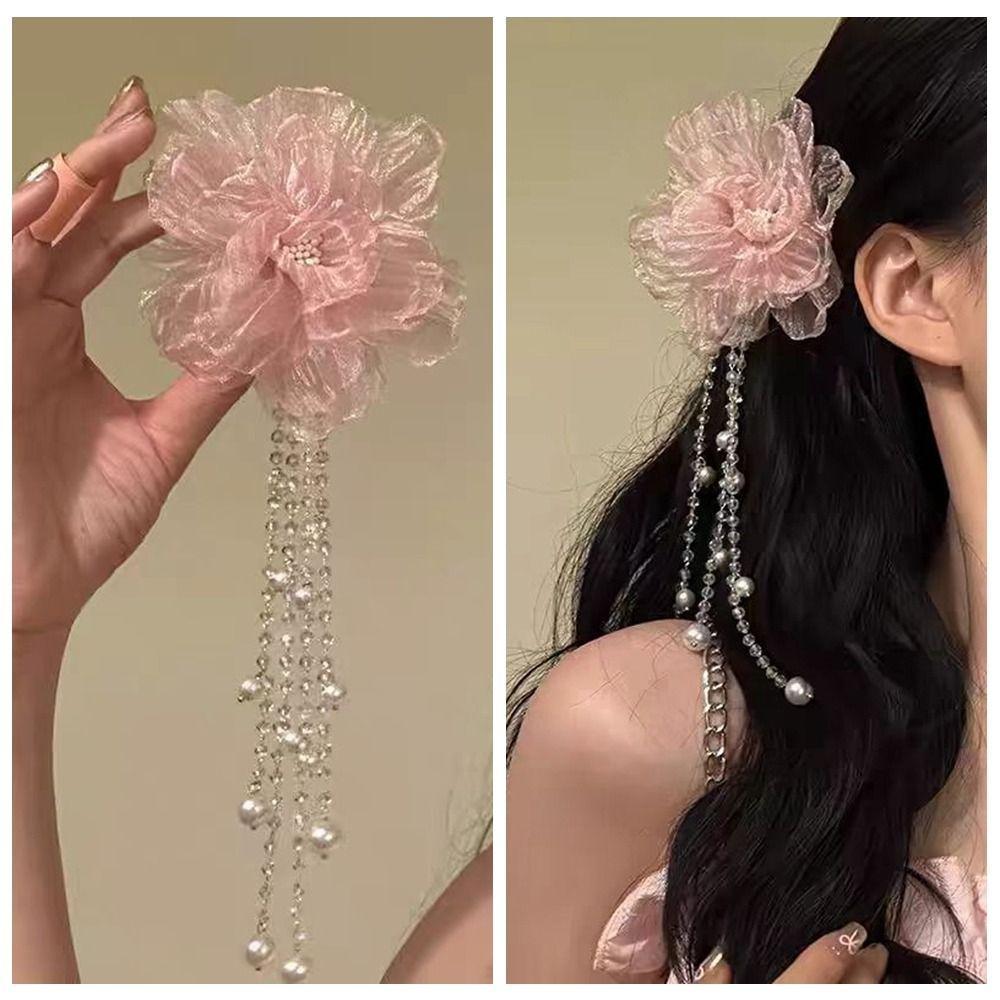 Pearls Peony Flower Hair Clip Long Tassel Headwear Elegant Barrettes  Women