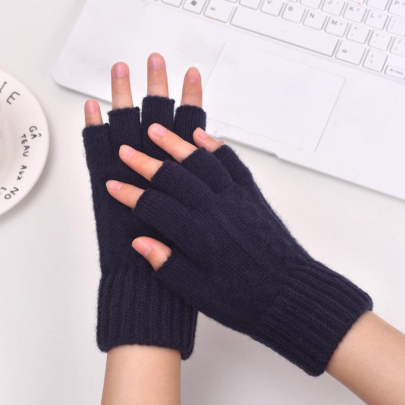 Men's Half-finger Thickened Thermal Gloves Knitted Leaking Fingers Office Student Brushed Imitation Cashmere Broken Finger Solid Color Gloves