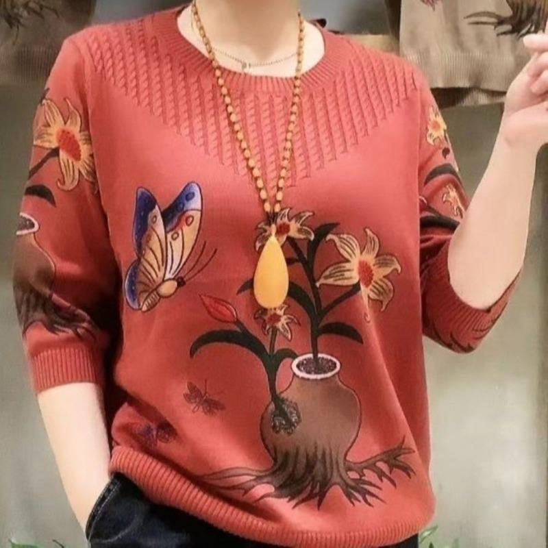 

Весна Осень Новая Мода Элегантный Круглый Вырез Длинный Свитер Повседневный Универсальный Западный Принт Удобный Женский 4XL кирпич красный