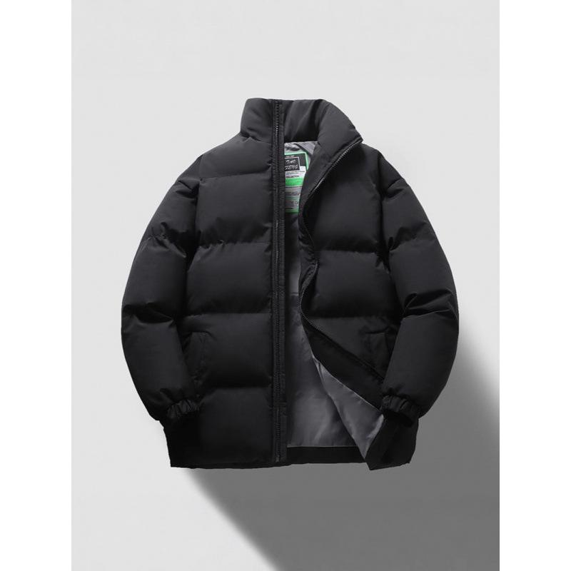 Unisex Solid Color Padded Winter Jacket - Trendy, Warm Loose Fit with Stand Collar.