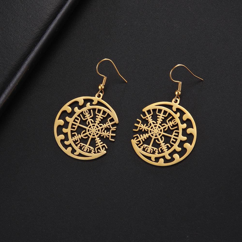 Dawapara Norse Compass Vegvisir Dangle Earrings Crescent Moon Protection Scandinavian Amulet Stainless Steel Jewelry