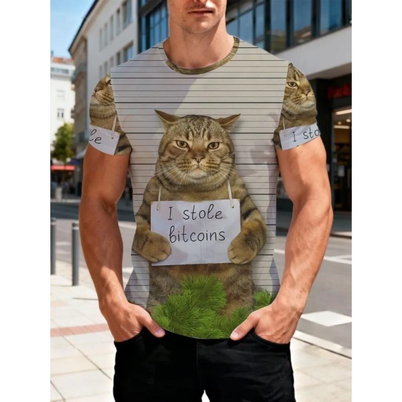 Summer Plus Men's Casual T-shirt Fashionable Blue Cat 3D Printed Sports Short Sleeved Round Neck Tops