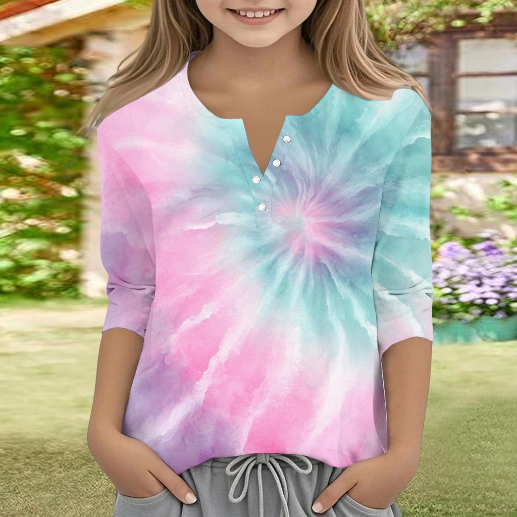 Print Tops For Youth Girls V Neck Button 3/4 Sleeves T-Shirts Trendy Tops Outfit Tees