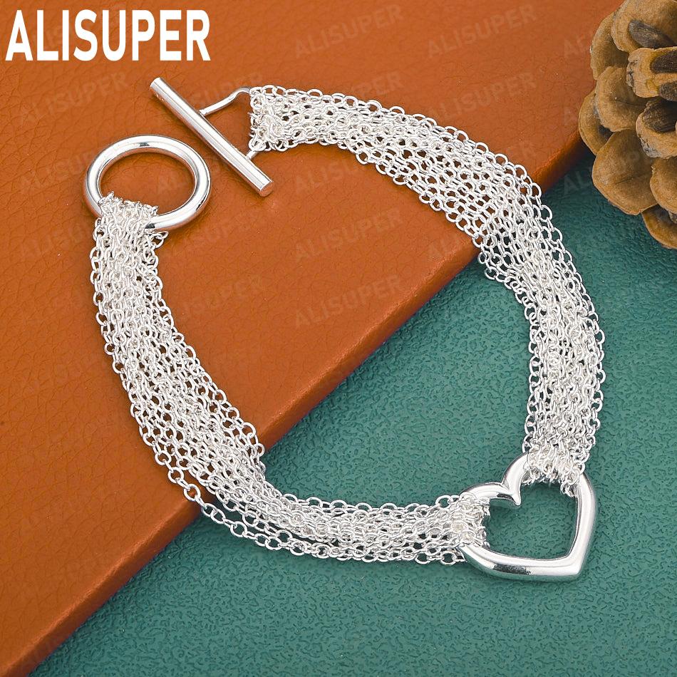 925 Sterling Silver Tassel Heart Side Chain Romantic Bracelet Gift Jewelry 20CM