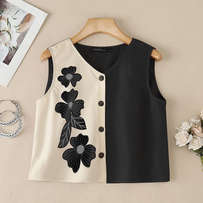ZANZEA Women Casual V-Neck Sleeveless Print Tank Tops