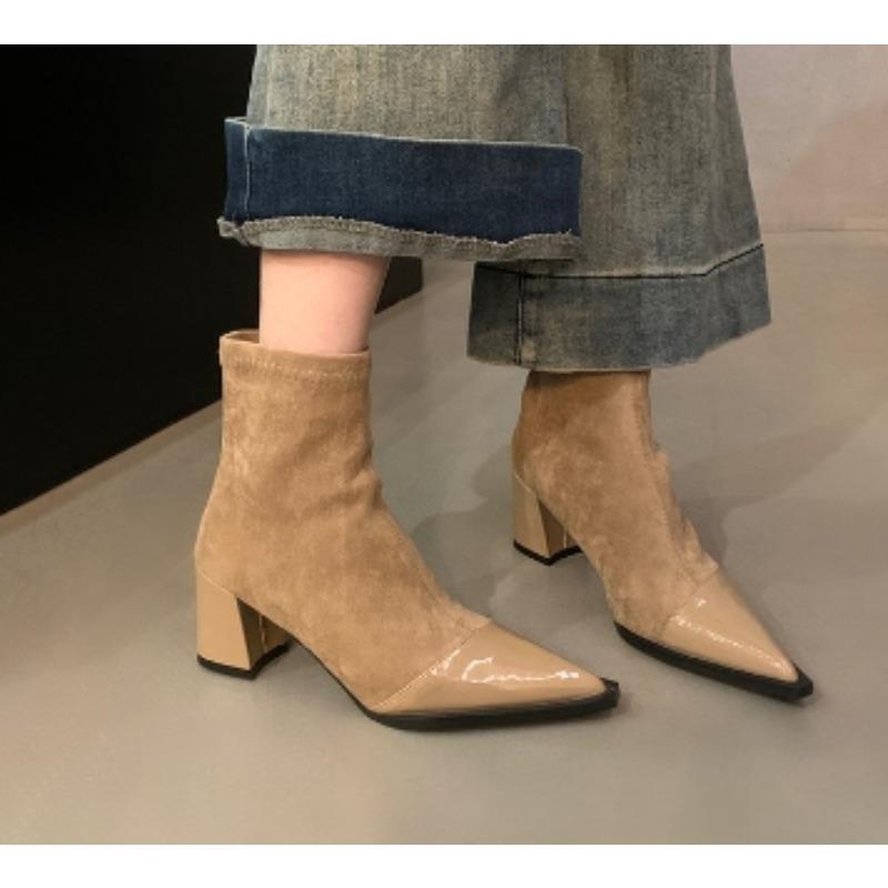 Mode Neue Designer Leopardenmuster Damen Stiefeletten Mode Spitzschuh Kurze Stiefeletten Prägnantes Patchwork Dicke Absätze Pumps Zapatos Mujer