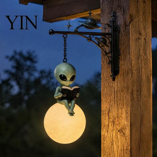 Indoor Outdoor Statue Alien Reading on Moon Hanging Lamp, Resin Bookshelf Light, Gift for Space Lovers Warm LED Night Light Decor Patio Garden Window