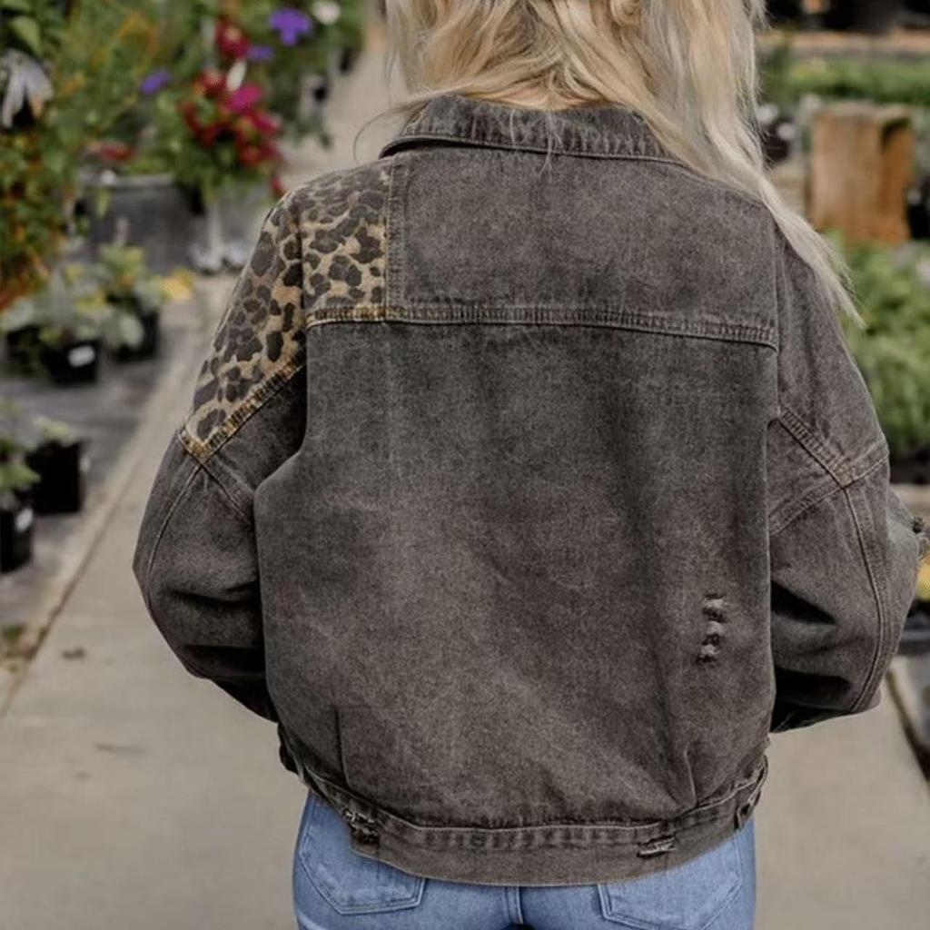 GMXIA Jachetă de denim de toamnă iarnă Jachetă de denim cu mânecă lungă pentru femei Patchwork cu imprimeu leopard