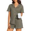 Women's Two Piece Pajama Set Short Sleeve Button Down Top with Ruffle Collar and Matching Shorts Soft Comfortable Lounge Sleepwear