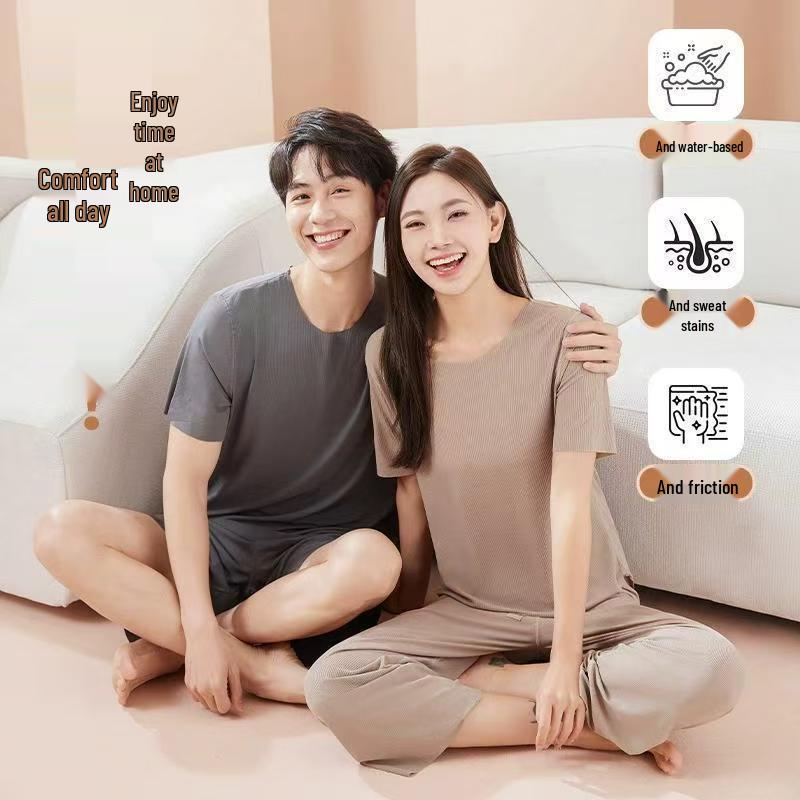 Ice Silk Couple Pajama Set - Seamless, Solid Color, Short Sleeve Sleepwear for Men & Women, Ideal for Spring/Summer