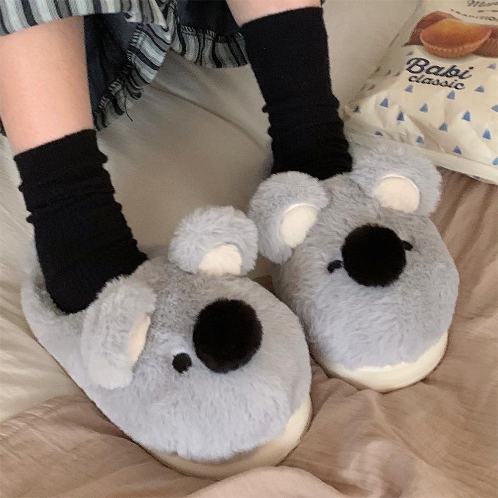 Fashion Women Indoor Fluffy Slippers Cute Cartoon Koala Winter Warm Shoes  Faux Fur Anti-slip Gray Color Couples Home Floor Slipper