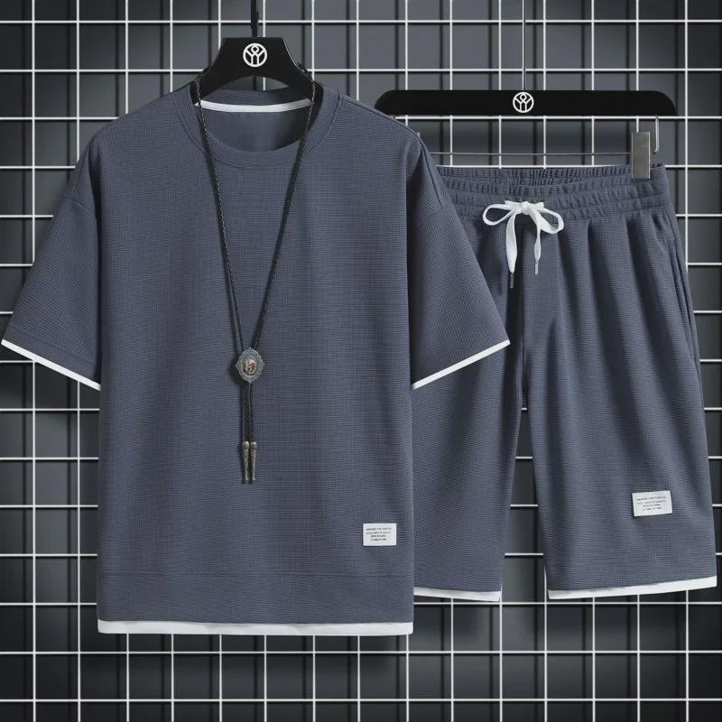 Men's Hong Kong Style Loose Two-Piece Waffle Sports Suit