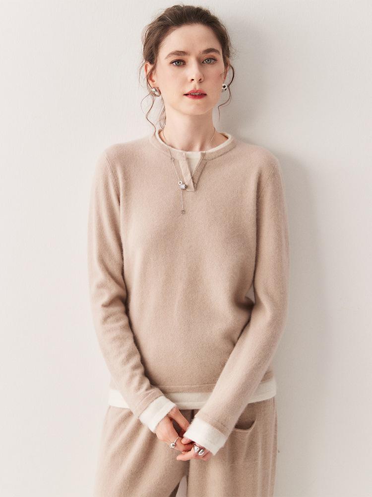 Korean Style Color Block Women's Cashmere Knit Patchwork Top - Fake Two-Piece, Round Neck, Long Sleeve