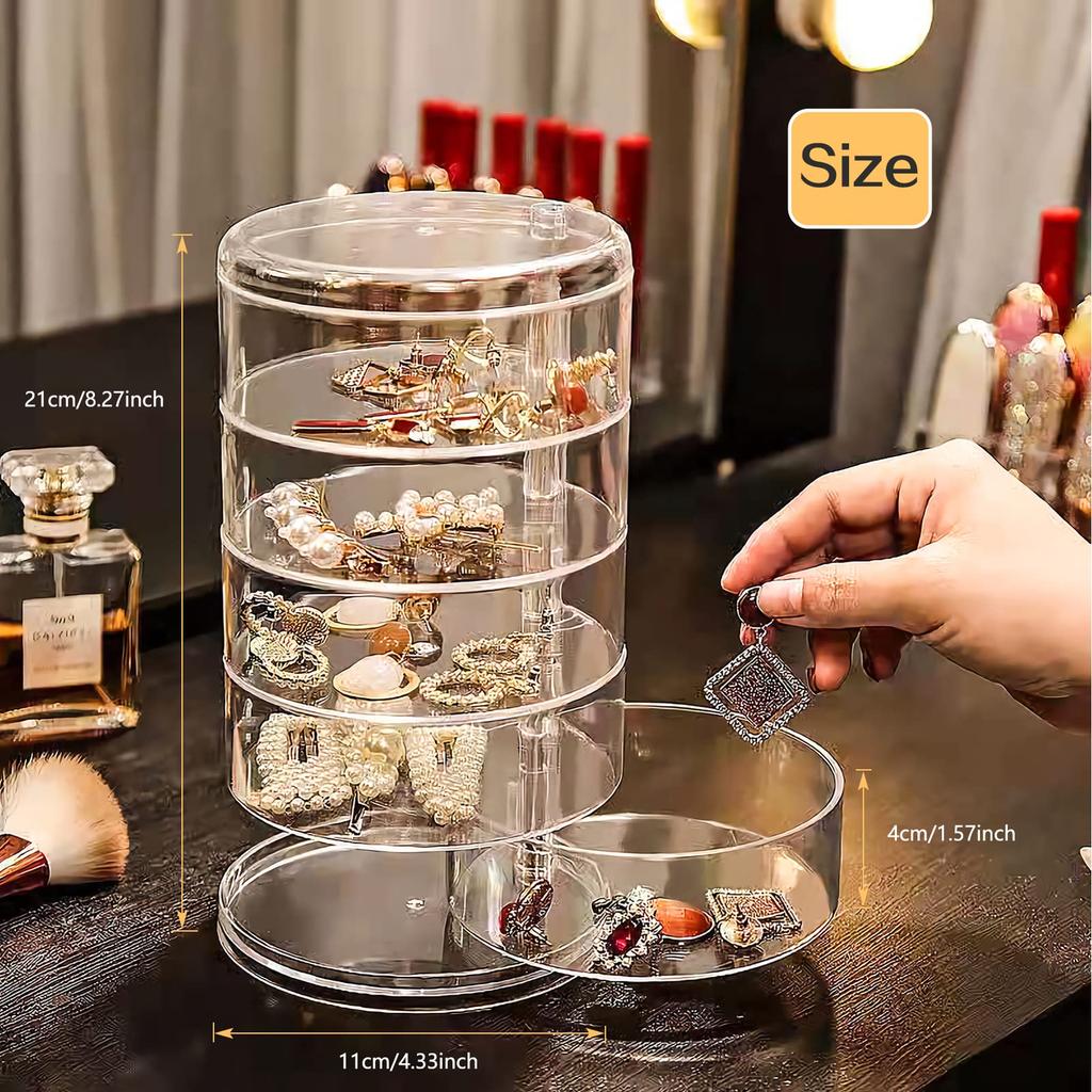 5 Tier Jewelry Organizer, Rotatable Hair Ribbon Box Earring Holder Organizer, Transparent Hair Accessories Storage Tray with Lid