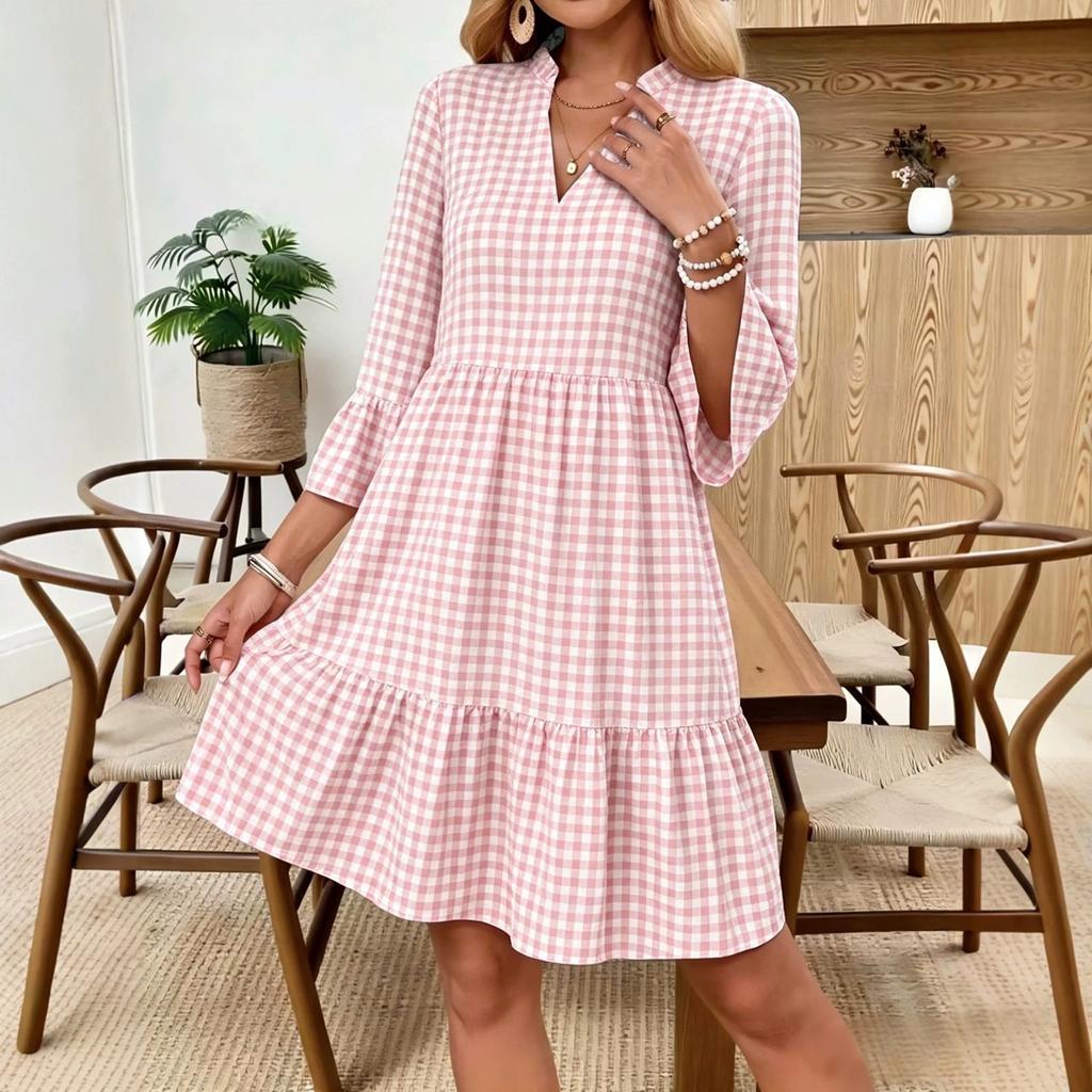 Women's V Neck Plaid Flared Sleeve Loose Fit Pullover Bohemian Vacation Dress Mid Length Casual Summer Dress