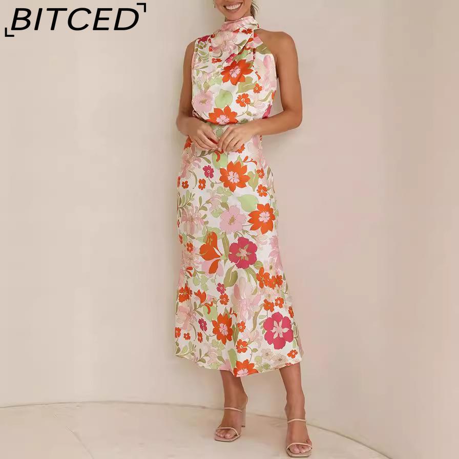 BITCED Sleek and Sophisticated Women's Sleeveless Strappy Printed Satin Dress