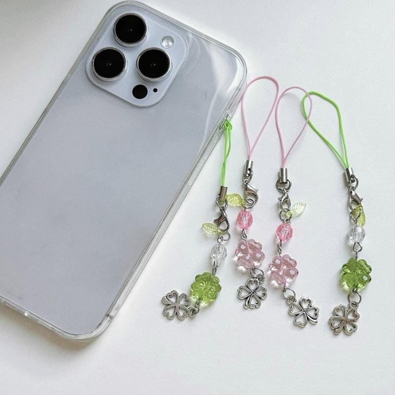 Lucky Clovers Beaded Phone Charm Versatile Lucky Clovers Phone Chain Acrylic Alloy Bead Decors for Bags & Wallets