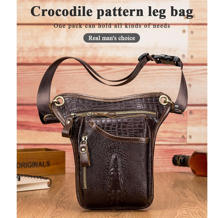 Men Vintage Crocodile Grain Top Grain Genuine Leather Motorcycle Thigh Leg Bag Multifunctional Waist Hip Fanny Pack For Riding