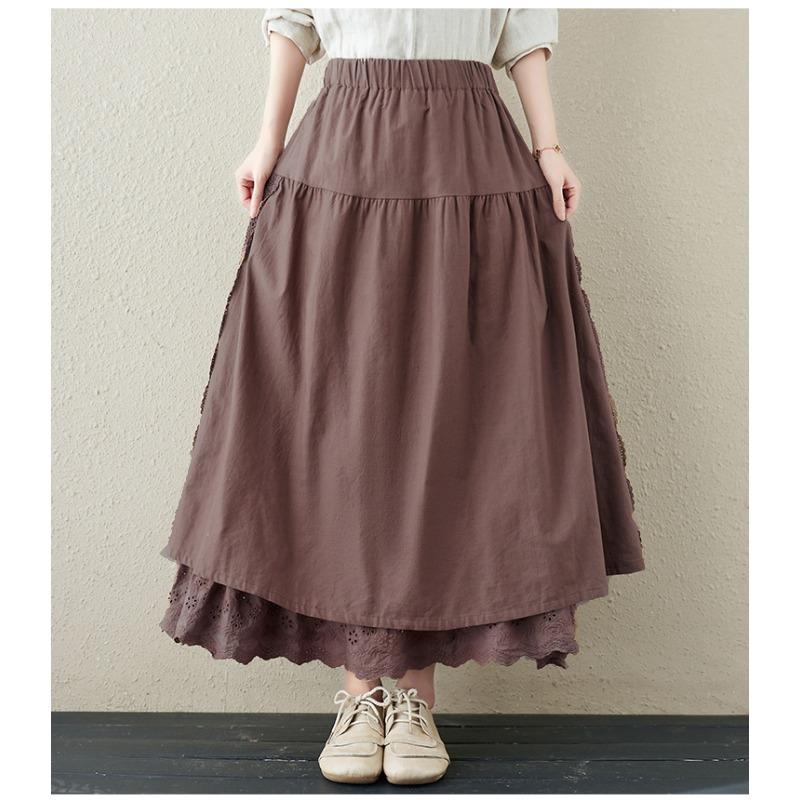 Vintage Mori Bavlnené Ľanové Patchworkové Čipkované Sukne Všetko Zladiteľné Elastický Pás Japonské A-líniové Dámske Sukne 2XL kávová