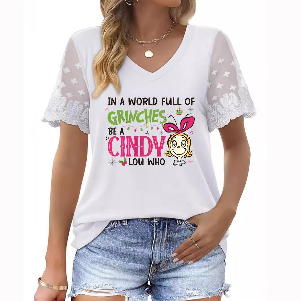 Plus Size Women's Summer V-Neck T-Shirt with Short Sleeves, Floral Print, and Lace Sleeves