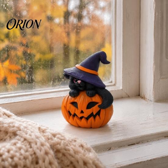 Handmade Resin Ornament for Yard Halloween Ornament, Witch Black Cat Pumpkin Shape, Durable Synthetic Cute Statue Party Weather Resistant Figurine,