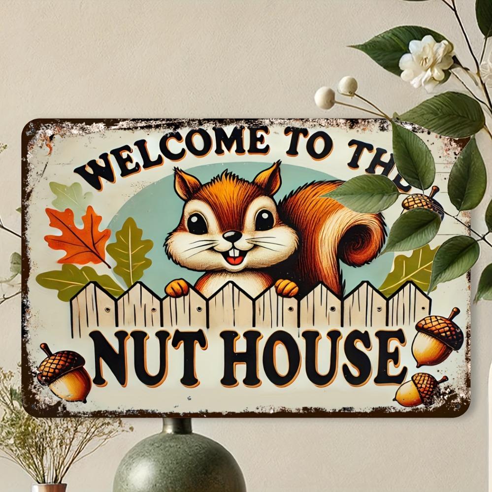 1 Piece "Welcome To Nut House" Cute Squirrel Aluminum Sign - Autumn Garden Decor Ideal As Fall Outdoor  Lawn Decor,