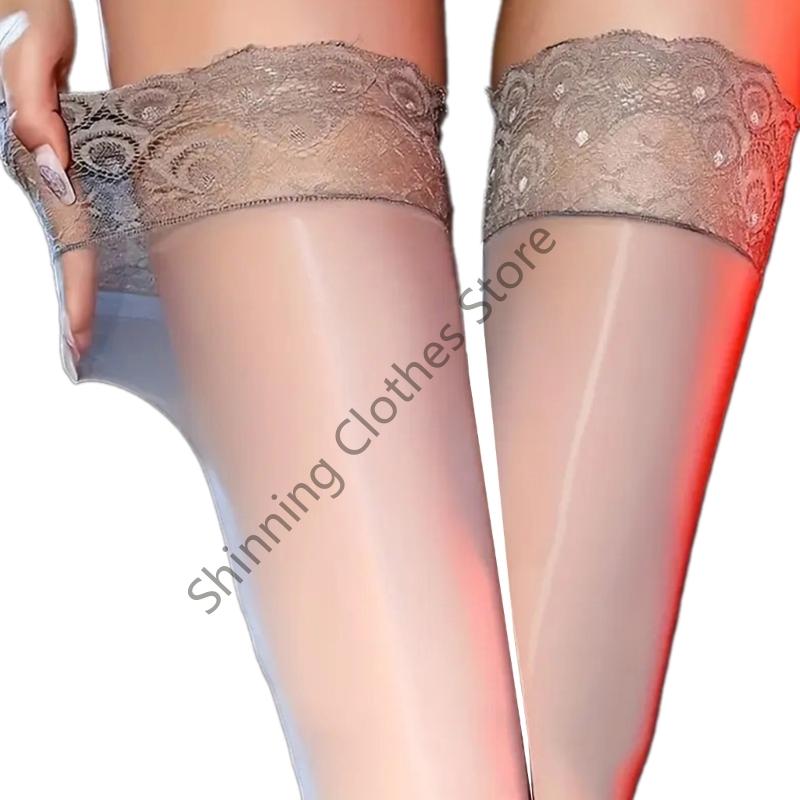 M68A Lace Trim Over Knee Nylon Stockings With Silicone Grip Shimmering Glossy See Through Thigh High Long Socks For Women