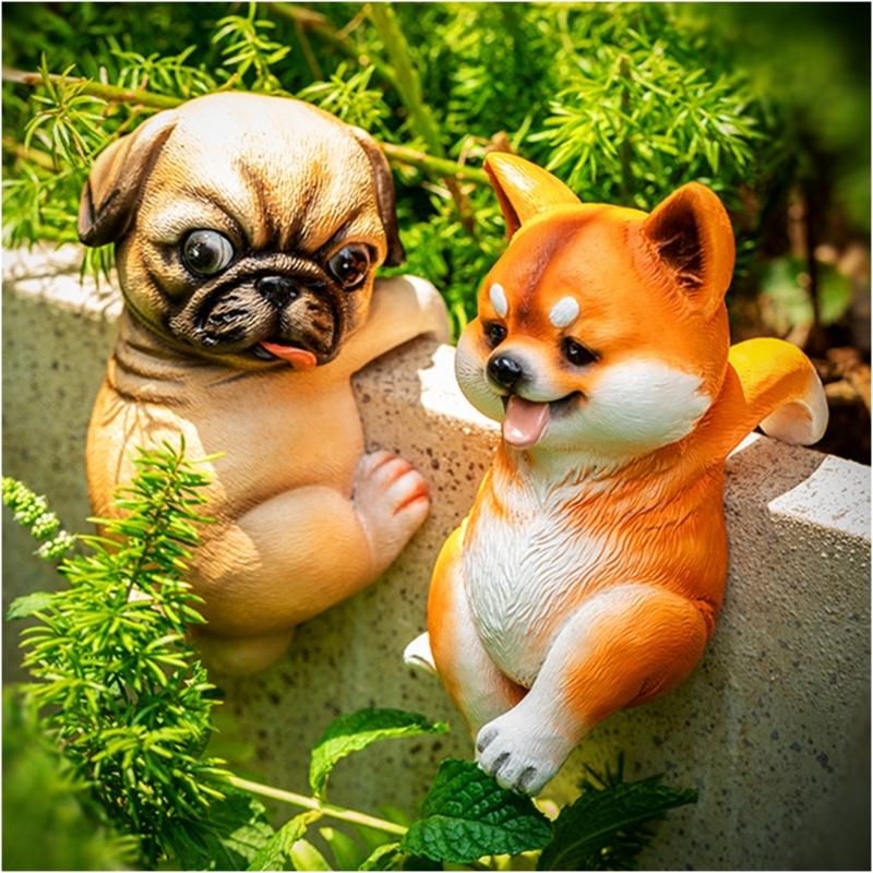 Mini Dog Statue Miniature Dogs Figurine Plant Pot Hanger,Climbings Dog Sculpture Garden Decors for Bonsais Ornament